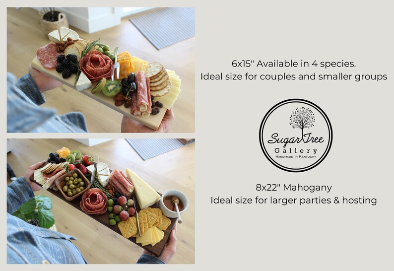May include: Two wooden serving boards with various charcuterie items, including cheese, crackers, fruit, and meat. The smaller board is 6x15 inches and the larger board is 8x22 inches. The boards are made by Sugar Tree Gallery, Handmade in Kentucky.