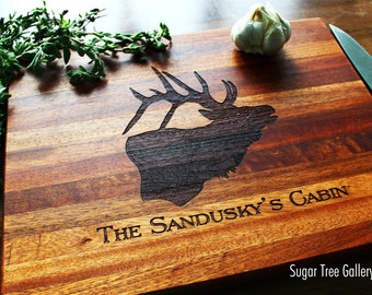 Personalized Cutting Board For Elk Hunter or Cabin, Custom Engraved Cutting Board, Anniversary Gift For Outdoorsman