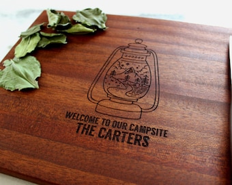 Personalized Camping Cutting Board, Custom Engraved RV Camping Gift for Campers and Outdoorsmen, Unique Handmade Wooden Camp Kitchen