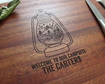 Personalized Camping Cutting Board, Custom Engraved RV Camping Gift for Campers and Outdoorsmen, Unique Handmade Kitchen Adventurer Gift