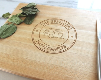 Personalized Camping Cutting Board.  Custom Engraved RV Camping Gift for Couples, Campers and Outdoorsy Families Campsite