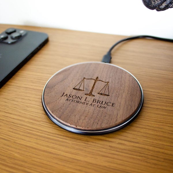 Personalized Wireless Phone Charger. Custom Engraved iPhone Charging Station. Unique Monogrammed Gift for Attorney or Judge or Lawyer