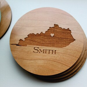 Personalized Wood Coaster Set of 4, Custom Engraved Coasters, Kentucky State Love OR ANY STATE With Heart Over City, Wedding Favor Gift image 2