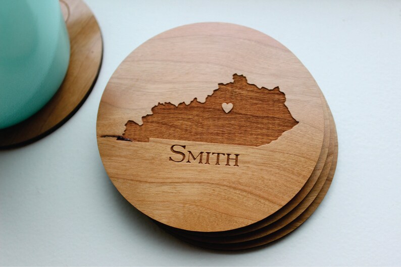 Personalized Wood Coaster Set of 4, Custom Engraved Coasters, Kentucky State Love OR ANY STATE With Heart Over City, Wedding Favor Gift image 2