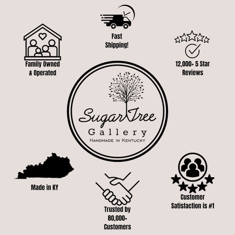 May include: Black and white logo for Sugar Tree Gallery, a family-owned and operated business that makes handmade items in Kentucky. The logo features a stylized tree with a circle around it and the text "Sugar Tree Gallery" and "Handmade in Kentucky".