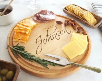 Personalized Round Cutting Board, Custom Engraved Cheese Tray, Round Wooden Handmade Charcuterie Board | Monogrammed Wedding Gift For Couple