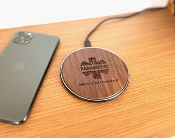 Personalized Wireless Phone Charger. Custom Engraved Paramedic Appreciation Gift Charging Station. Unique Wooden Monogrammed Gift
