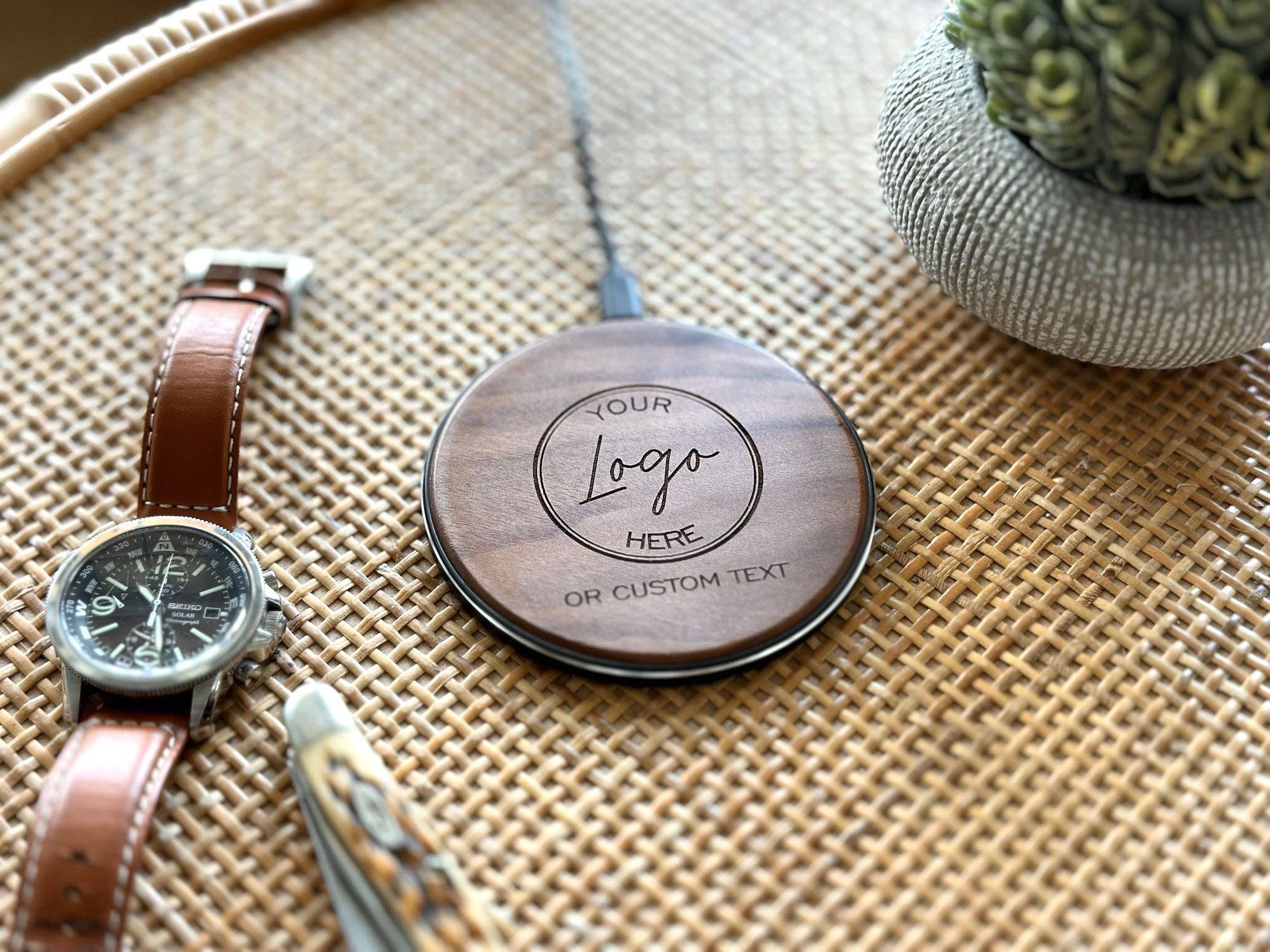 Logo Branded Wireless Phone Charger. Custom Engraved iPhone Charging Station. Unique Wooden Promotional Gift for Business Office Gifts