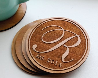 Personalized Monogram Coaster Set of 4, Custom Engraved Cherry Wood Coasters, Real Estate Closing Gift, Realtor Gift, Logo, Christmas Gifts