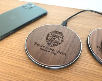 Personalized Police Wireless Phone Charger. Custom Engraved iPhone Charging Station. Monogrammed Gift for Law Enforcement Officers