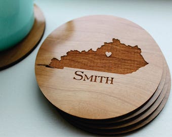 Personalized Wood Coaster Set of 4, Engraved Coasters, Custom Personalized Coasters, State Coasters, Parents Wedding Gift, Engagement Gift