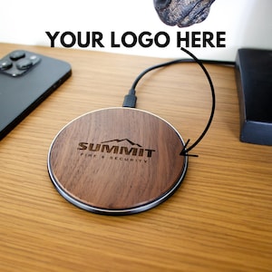 Your Logo Wireless Phone Charger. Custom Engraved iPhone Charging Station. Unique Wooden Branded Company Business Gifts Corporate Gifting