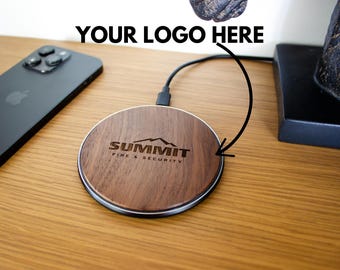 Custom Logo Wireless Phone Charger. Engraved iPhone Charging Pads. Unique Branded Company Gift Ideas for Marketing Directors