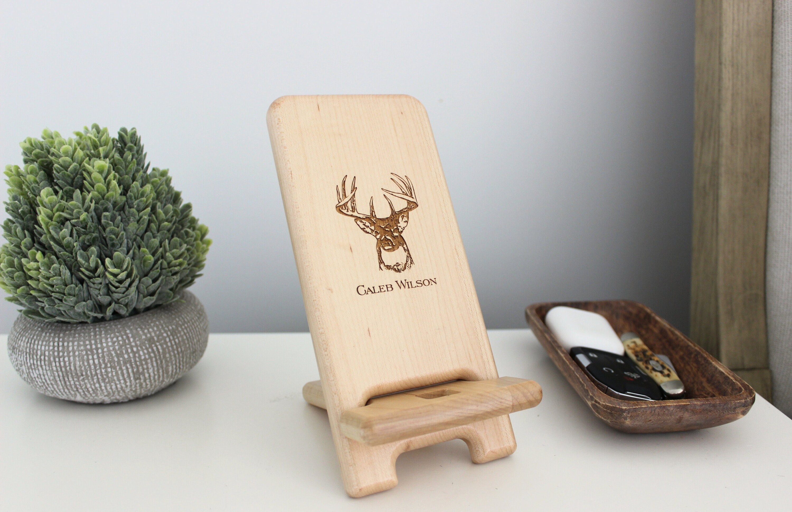 Custom Engraved Phone Stand, Personalized Charging Station, Unique Handmade Wooden iPhone or iPad holder. Logo Gift for Office or Grads.