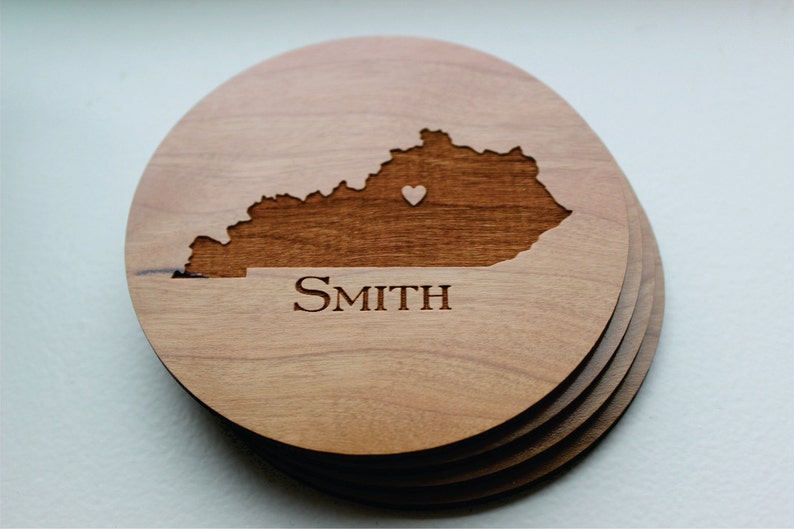 Personalized Wood Coaster Set of 4, Custom Engraved Coasters, Kentucky State Love OR ANY STATE With Heart Over City, Wedding Favor Gift image 3