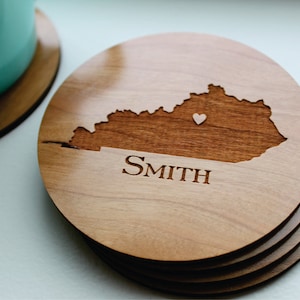 Personalized Wood Coaster Set of 4, Custom Engraved Coasters, Kentucky State Love (OR ANY STATE) With Heart Over City, Wedding Favor Gift