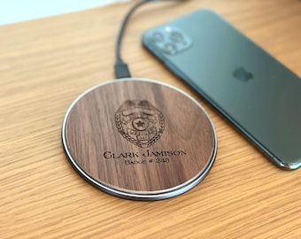 Personalized Wireless Phone Charger. Custom Engraved Charging Station. Unique Wooden Monogrammed Gift for Police Law Enforcement Officer