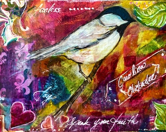 Carolina Chickadee Original mixed media collage on paper Affordable Art