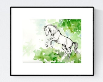 Cheval Art Original, aquarelle et encre, dessin de cheval, décor équestre, souvenir équin, cadeau d'anniversaire pour adolescent, cadeau pour amoureux des chevaux