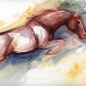 Pittura originale ad acquerello misto, arte equestre, cavallo che salta, disegno unico nel suo genere per gli amanti dei cavalli, regalo di compleanno per lei