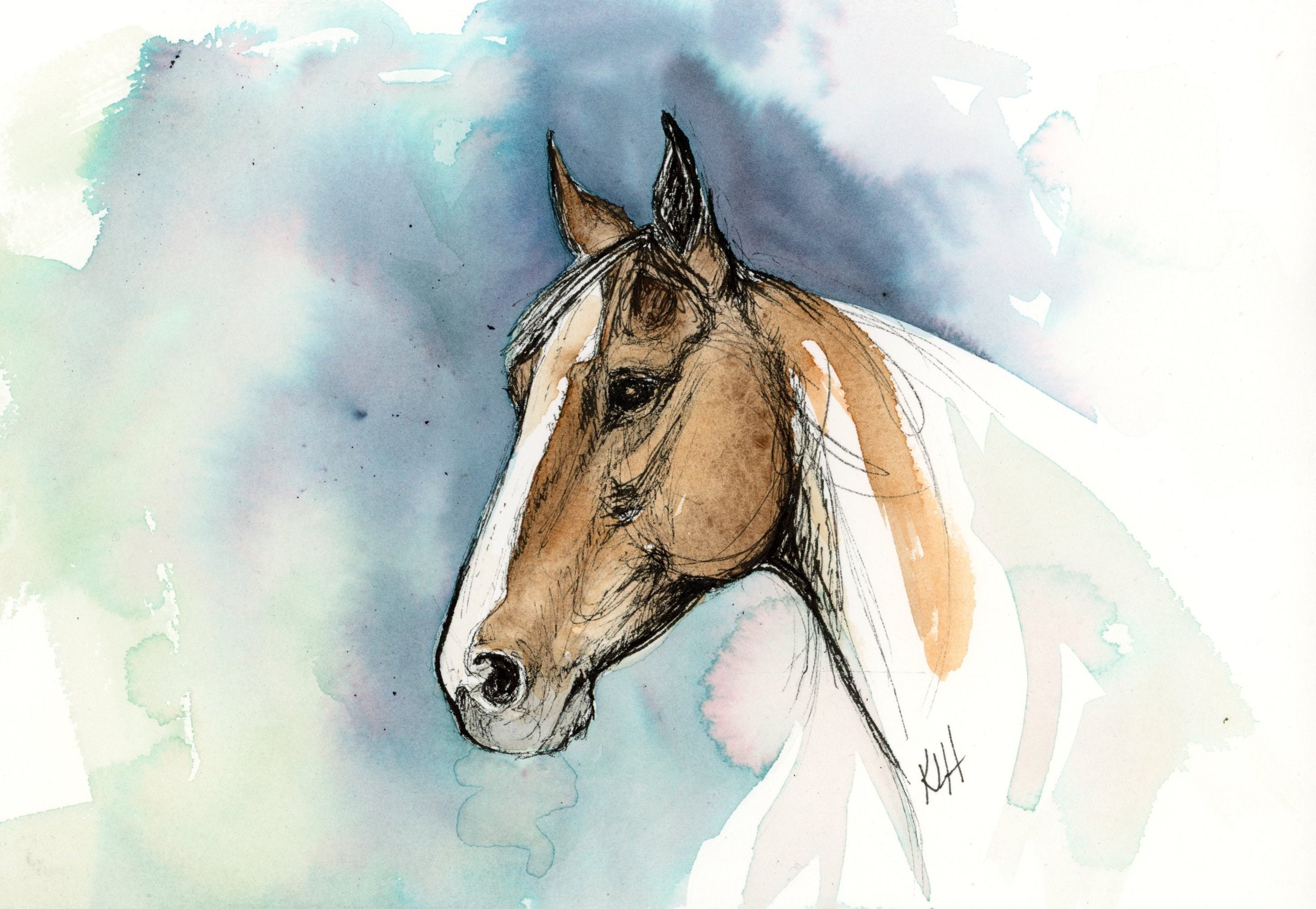 水彩画 ユニークな水彩画、乗馬アート、馬のアート、馬好きの方へのオリジナル
