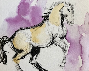 Cheval peinture originale, aquarelle et encre Art, cheval au galop, cadeau équestre pour femme, cadeau pour fille, Art équin, Art cheval Original