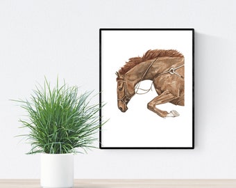 May include: A watercolor painting of a brown horse jumping over an obstacle. The horse is in mid-air, with its head and neck extended forward. The horse's mane is flowing in the wind.