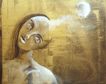 Attraction lunaire - Tableau poétique lune et larme - peinture acrylique sur toile coton carrée 39,7X39,7 cm
