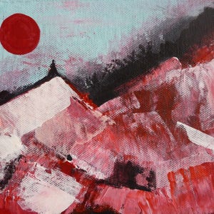 Le chaos de la lune rouge - Paysage onirique - peinture acrylique sur carton toilé - rouge noir blanc bleu ciel