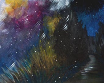 Trouble sentiment - paysage, peinture acrylique, toile 50x61 cm - eau, forêt, lumière, multicolore