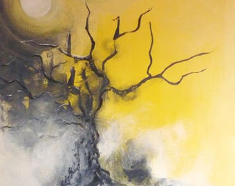 Les âmes passantes - Tableau sur toile 80X80 cm peinture acrylique - arbre lumière - jaune noir blanc