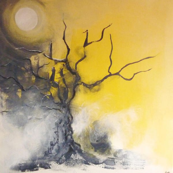 Les âmes passantes - Tableau sur toile 80X80 cm peinture acrylique - arbre lumière - jaune noir blanc