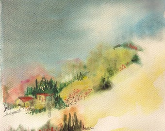 Arrière-pays aux niolles - Paysage montagne aquarelle sur papier format carré 25X25 cm