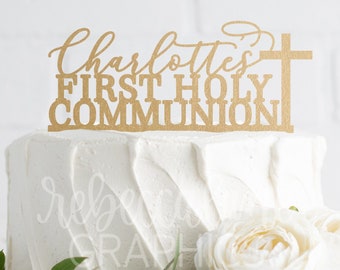 Personalized First Holy Communion Cake Topper with Cross, Christian Religious Decor