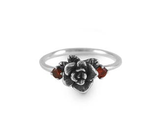 Rose Ring, Oxidized Mini Rose Ring with Cubic Zirconia, Handmade, Sterling Silver Ring, Engagement Ring