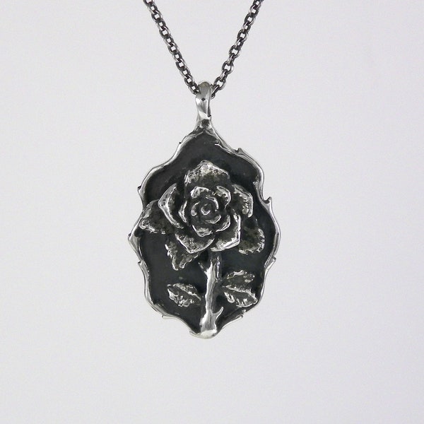 Rose Necklace, Thorn Frame Rose Necklace, Silver Necklace, Sterling Silver Necklace, Handmade