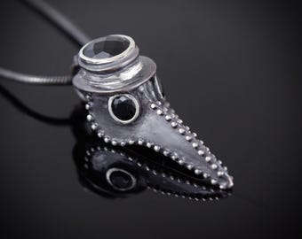 Handgemachter Pestdoktor Anhänger, Onyx, Sterling Silber Halskette