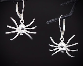 Handmade Sterling Silver Spider Dangle Earrings, Gothic Jewelry