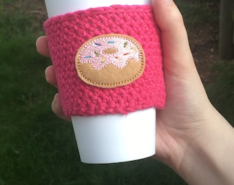 Bright pink donut mug wrap, hot pink to go cup wrap, insulated travel sleeve, Bright pink cup wrap, doughnut mug wrap