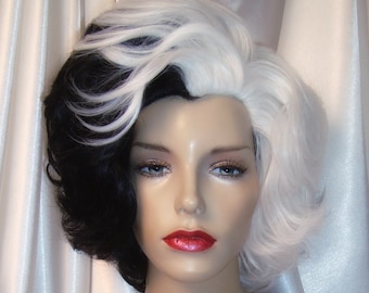 Cruella de Vil Wig, Glenn Close Cruella de Vil Wig, Cruella Wig, 101 Dalmatians Black and White Wig