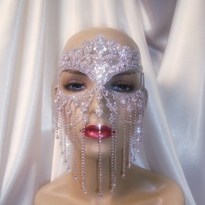 Rhinestone Masquerade Mask, Crown Mask, Bridal Mask, Mardi Gras Mask, Wedding Mask, Face Veil