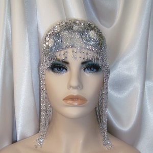 Gatsby Headpiece, 1920s Headpiece, Silver Bead and Sequin Juliet Cap, Flapper Headpiece