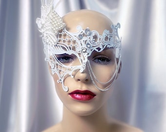 White Metal Phantom Mask, Phantom One Eye Mask, Masquerade Mask, Mardi Gras Mask, Bridal Mask, Wedding Mask