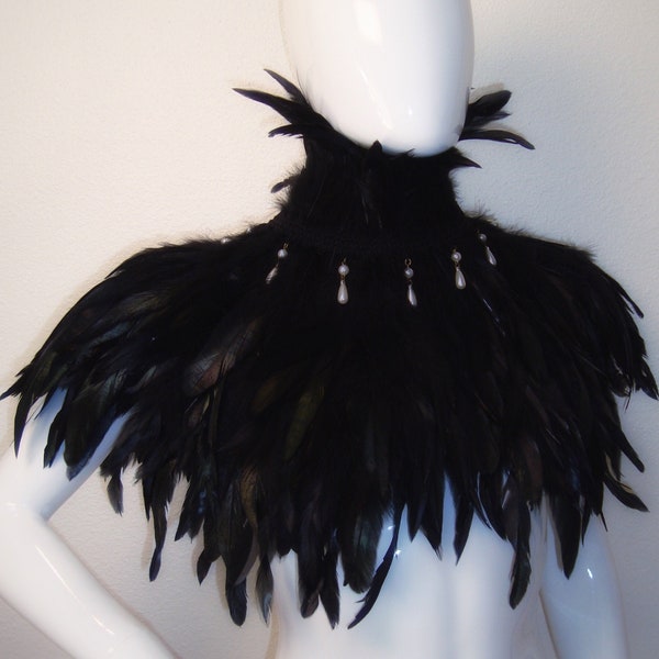 Feather Cape, Black Feather and Pearl Shrug Cape, Maleficent Cape, Gothic Feather Cape