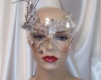 Silver Metal Phantom Mask, Phantom One Eye Mask, Masquerade Mask, Mardi Gras Mask, Wedding Mask, Bridal Mask