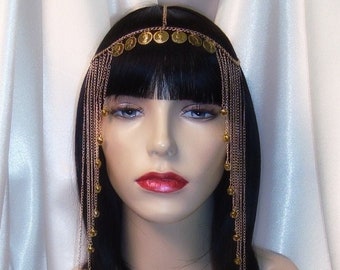Cleopatra Wig and Headpiece, Gold Cleopatra Headpiece, Egyptian Queen Wig and Headpiece Set, Liz Taylor Cleopatra Wig and Headpiece