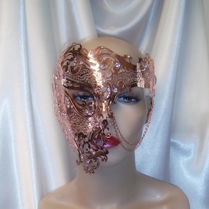 Rose Gold Phantom of the Opera Mask, Phanton Half Face Skull Mask, Rose Gold Metal Mask, Masquerade Ball Mask, Mardi Gras Mask