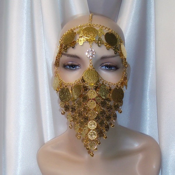 Gold Mask, Gold Headpiece, Face Veil, Chain Headpiece, Chain Face Veil, Masquerade Mask