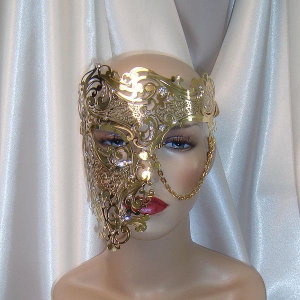 Gold Phantom of the Opera Mask, Phantom Half Face Skull Mask, Gold Metal Mask, Masquerade Ball Mask, Mardi Gras Mask