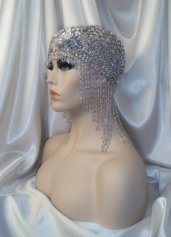 Beaded Silver Mesh Flapper Headpiece Amazon.com: E EMZHOLE Rhinestones Mesh Headpiece Cap, 20s  main image 3